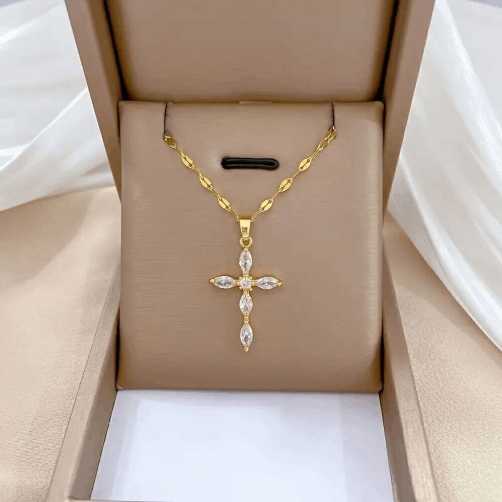 Golden Diamond Cross Pendant Necklace